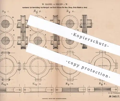 original Patent - W. Hassel , Hagen , 1885 , Herstellung von Hartguss- u. Stahlwalzen | Walzen , Metall , Stahl , Guss