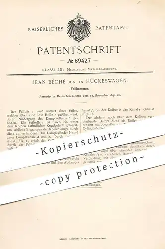 original Patent - Jean Bêché , Hückeswagen , 1892 , Fallhammer | Hammer , Fallbär , Metall , Schlosser !!!