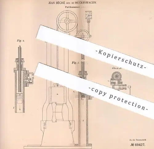 original Patent - Jean Bêché , Hückeswagen , 1892 , Fallhammer | Hammer , Fallbär , Metall , Schlosser !!!