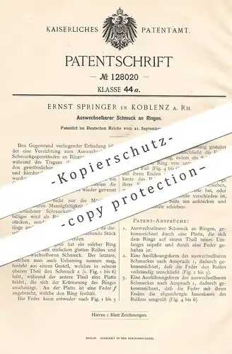 original Patent - Ernst Springer , Koblenz , 1899 , Auswechselbarer Schmuck am Ring | Ringe , Goldschmied , Fingerring !