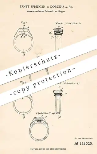 original Patent - Ernst Springer , Koblenz , 1899 , Auswechselbarer Schmuck am Ring | Ringe , Goldschmied , Fingerring !