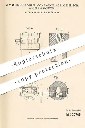 original Patent - Wesselmann Bohrer Compagnie AG Gera / Zwötzen , 1900 , Differential Bohrfutter | Bohrmaschine | Bohren