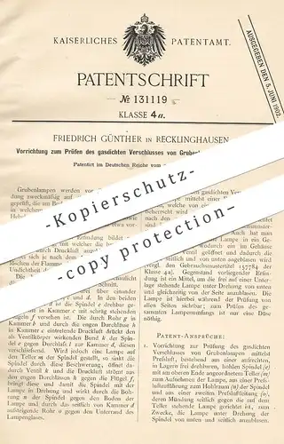 original Patent - Friedrich Günther , Recklinghausen , 1901 , Prüfen von Verschluss an Grubenlampe per Pressluft | Gas !