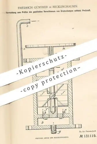 original Patent - Friedrich Günther , Recklinghausen , 1901 , Prüfen von Verschluss an Grubenlampe per Pressluft | Gas !