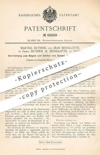 original Patent - Martial Dutheil & Jean Dehillotte , Paris , Frankreich 1892 | Bügeleisen für Samt , Seide | Plätteisen