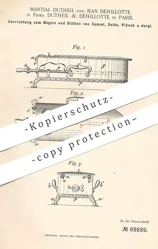 original Patent - Martial Dutheil & Jean Dehillotte , Paris , Frankreich 1892 | Bügeleisen für Samt , Seide | Plätteisen