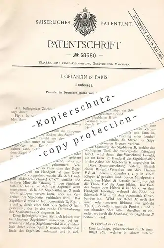 original Patent - J. Gelardin , Paris , Frankreich , 1892 , Laubsäge | Säge , Holzsäge , Holz , Sägen , Tischler !!!