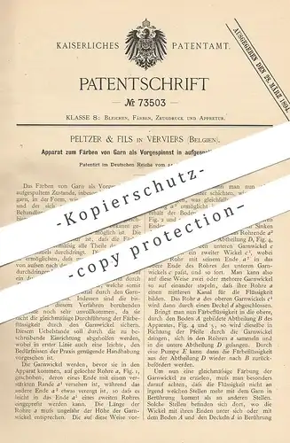 original Patent - Peltzer & Fils , Verviers / Belgien , 1892 , Färben von Garn auf Spule | Spinnmaschine , Faser !!!