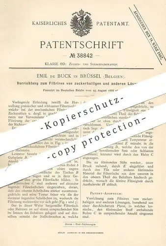 original Patent - Emil de Buck , Brüssel / Belgien , 1886 , Filtrieren von Zucker , Saft , Sirup | Zuckerfabrik , Filter