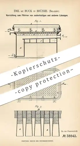 original Patent - Emil de Buck , Brüssel / Belgien , 1886 , Filtrieren von Zucker , Saft , Sirup | Zuckerfabrik , Filter