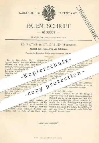 original Patent - Ed. Raths , St. Gallen / Schweiz 1886 , Temperieren der Getränke | Erhitzen , Kühlung von Bier , Wein