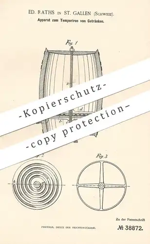original Patent - Ed. Raths , St. Gallen / Schweiz 1886 , Temperieren der Getränke | Erhitzen , Kühlung von Bier , Wein