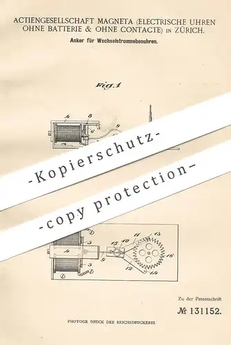 original Patent - AG Magneta , Electrische Uhren ohne Batterie & ohne Contacte , Zürich 1901 , Anker für Wechselstromuhr