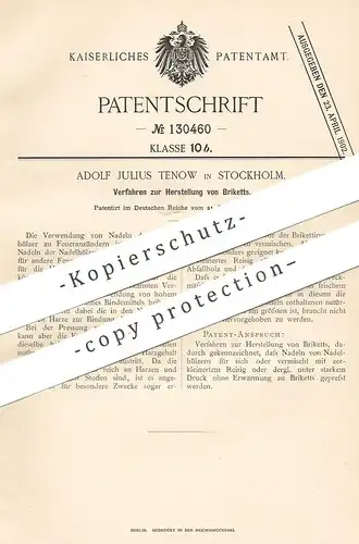 original Patent - Adolf Julius Tenow , Stockholm , Schweden , 1900 , Brikett , Briketts | Kohle , Kohlen , Koks , Holz !