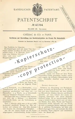 original Patent - Chédiac & Co. Paris , Frankreich , 1887 , Hochdruckplatte als Ersatz für Holzschnitt | Druck , Drucker