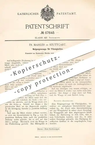 original Patent - Fr. Mahler , Stuttgart , 1892 , Neigungswaage für Flüssigkeiten | Waage f. Milch | Milchwaage | Waagen