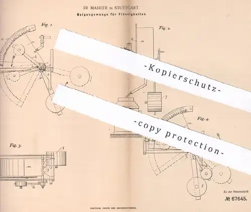 original Patent - Fr. Mahler , Stuttgart , 1892 , Neigungswaage für Flüssigkeiten | Waage f. Milch | Milchwaage | Waagen