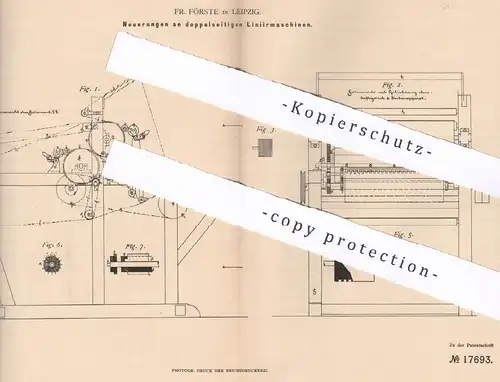 original Patent - Fr. Förste , Leipzig , 1881 , doppelseitige Liniermaschine |  Druck , Presse , Pressen , Buchdruck !!