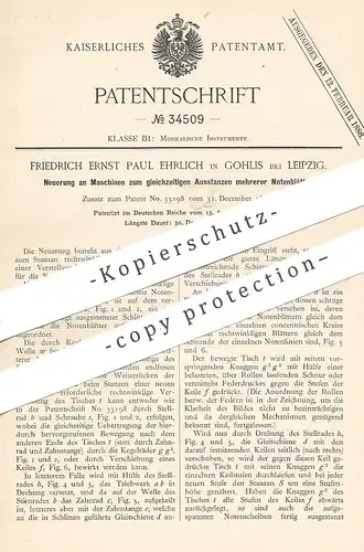 original Patent - Friedrich Ernst Paul Ehrlich , Leipzig / Gohlis , 1885 , Ausstanzen mehrerer Notenblätter | Musik !!
