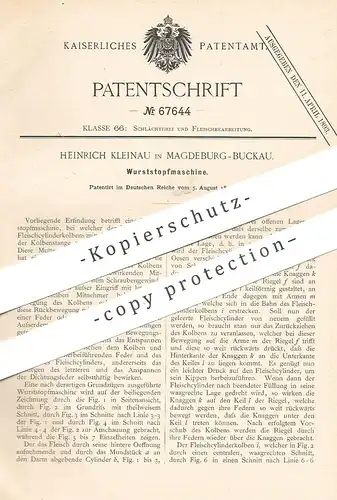 original Patent - Heinrich Kleinau , Magdeburg / Buckau , 1892 , Wurststopfmaschine | Wurst | Fleischer , Schlachter !!