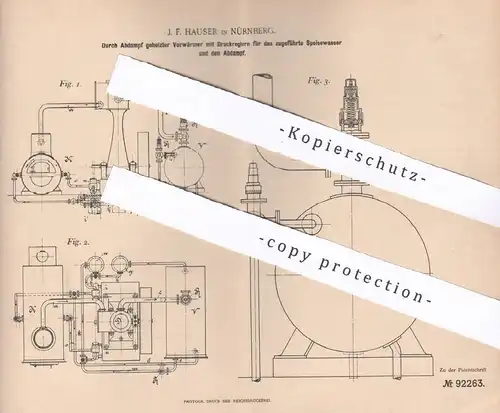 original Patent - J. F. Hauser , Nürnberg , 1896 , Vorwärmer mit Druckregler an Dampfkessel | Wasserkessel , Kessel !!