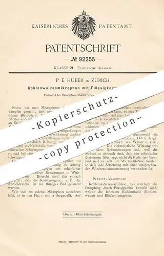 original Patent - P. E. Huber , Zürich , 1896 , Kohlenwalzenmikrophon | Kohlenwalzen - Mikrophon | Mikrofon !!