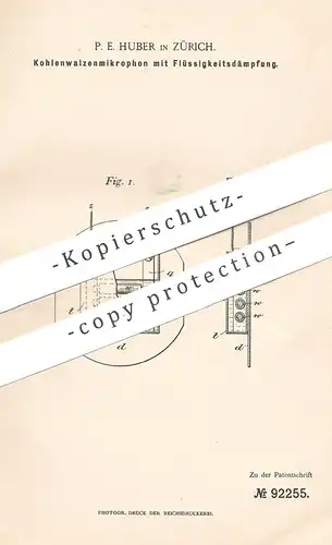 original Patent - P. E. Huber , Zürich , 1896 , Kohlenwalzenmikrophon | Kohlenwalzen - Mikrophon | Mikrofon !!