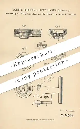 original Patent - Louis Rickertsen , Kopenhagen , Dänemark , 1885 , Metallspund mit Schlüssel | Metall Spund !!!