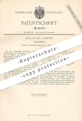 original Patent - Paul Plath , Stettin , 1888 , Accordeon , Akkordeon | Harmonika , Musikinstrument , Musik , Klavier !!