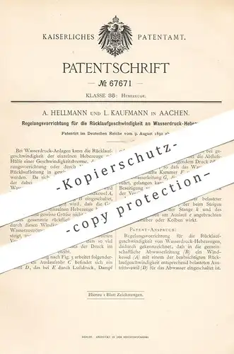 original Patent - A. Hellmann , L. Kaufmann , Aachen , 1892 , Regelung an Wasserdruck - Hebezeug | Pumpe , Wasserkessel