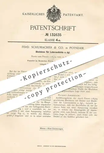 original Patent - Ferd. Schumacher & Co. , Potsdam , 1901 , Blechdose für Laternenlicht | Dose , Laterne , Licht , Lampe