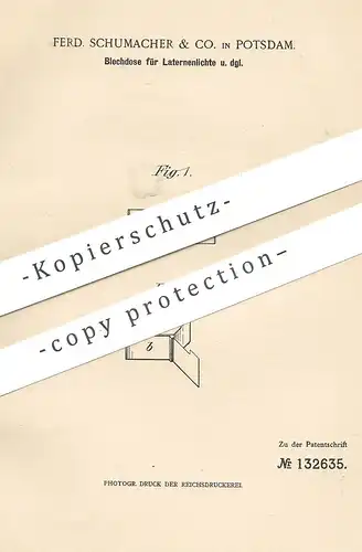 original Patent - Ferd. Schumacher & Co. , Potsdam , 1901 , Blechdose für Laternenlicht | Dose , Laterne , Licht , Lampe