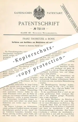 original Patent - Franz Thometzek , Bonn , 1892 , Ausfüttern von Metallrohr mit anderem Metallrohr | Rohr , Rohre !!!