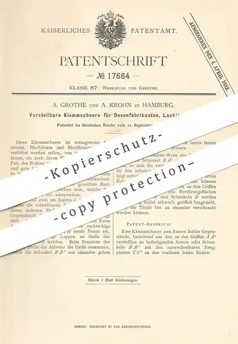 original Patent - A. Grothe , A. Krohn , Hamburg , 1881 , Klemmschere für Dosen , Lackierer | Schere , Blechschere !!