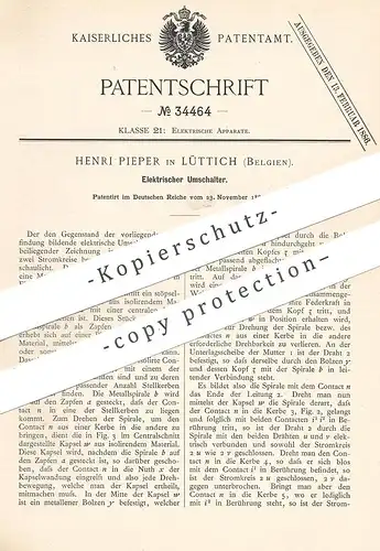 original Patent - Henri Pieper , Lüttich , Belgien , 1884 , Elektrischer Umschalter | Schalter , Strom , Elektriker !!!