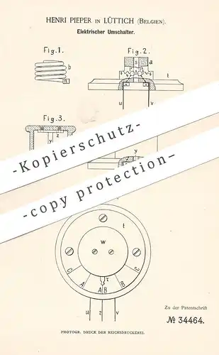 original Patent - Henri Pieper , Lüttich , Belgien , 1884 , Elektrischer Umschalter | Schalter , Strom , Elektriker !!!