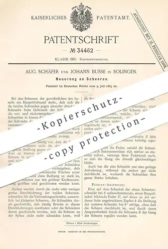 original Patent - Aug. Schäfer , Johann Busse , Solingen , 1885 , Schere , Scheren | Messer , Klinge , Schneidwerkzeug !