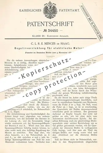 original Patent - C. L. R. E. Menges im Haag , 1884 , Regulierung für elektr. Motoren | Elektromotor | Motor , Eisenbahn