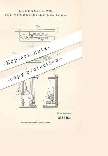 original Patent - C. L. R. E. Menges im Haag , 1884 , Regulierung für elektr. Motoren | Elektromotor | Motor , Eisenbahn