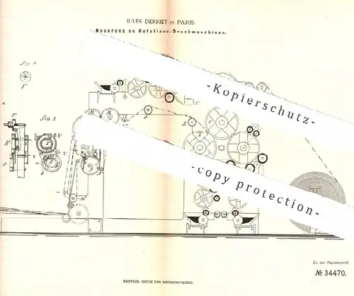 original Patent - Jules Derriey , Paris , Frankreich , 1885 , Rotations- Druckmaschine | Druck , Druckpresse , Presse !