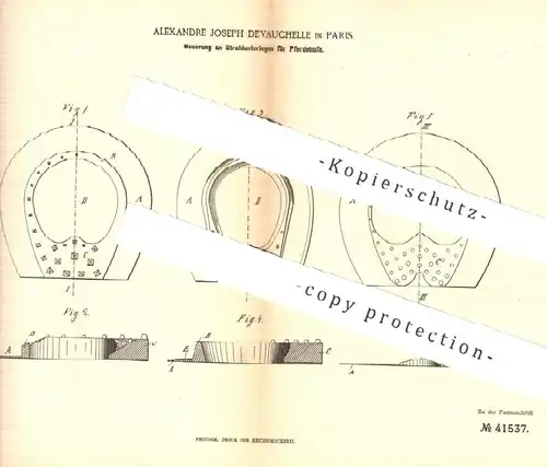 original Patent - Alexandre Joseph Devauchelle , Paris  Frankreich , 1887 , Strahlunterlagen für Pferdehufe | Hufschmied