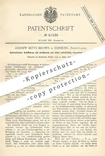 original Patent - Andrew Betts Brown , Edinburg , Schottland | Hydraulischer Schiffskran mit Auslader | Kran f. Schiffe