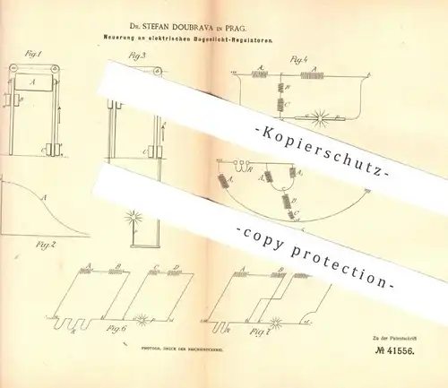 original Patent - Dr. Stefan Doubrava , Prag , 1886 , elektrischer Bogenlicht - Regulator | Lichtbogen , Lampe , Brenner