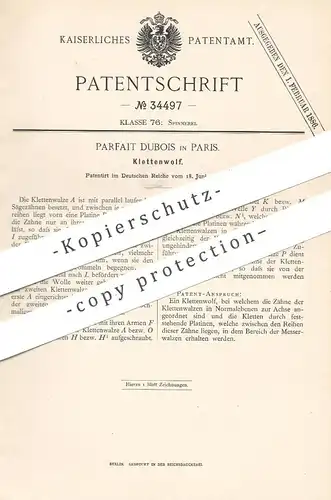 original Patent - Parfait Dubois , Paris , Frankreich , 1885 , Klettenwolf | Spinnmaschine , Klettenwalze !!
