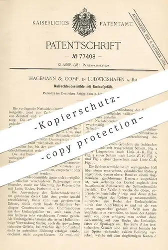 original Patent - Hagemann & Comp. , Ludwigshafen , 1893 , Nassschleudermühle mit Umlaufgefäß | Papier , Papierfabrik !!