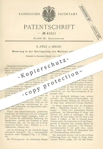 original Patent - R. Zwez , Berlin , 1887 , Verriegelung von Weichen u. Signalen | Eisenbahn , Signal , Weiche !!