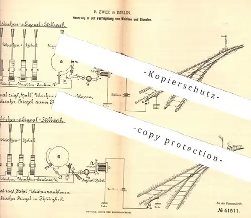 original Patent - R. Zwez , Berlin , 1887 , Verriegelung von Weichen u. Signalen | Eisenbahn , Signal , Weiche !!