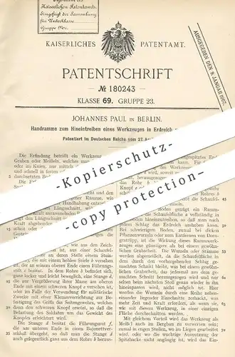 original Patent - Johannes Paul , Berlin , 1906 , Handramme | Werkzeug zum Graben , Meißeln | Ramme !!
