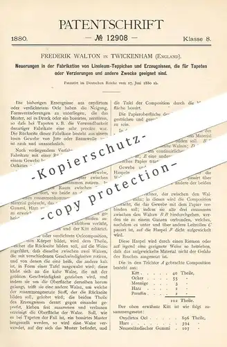 original Patent - Frederik Walton , Twickenham , England , 1880 , Fabrikation von Linoleum Teppich | Tapete , Bodenbelag