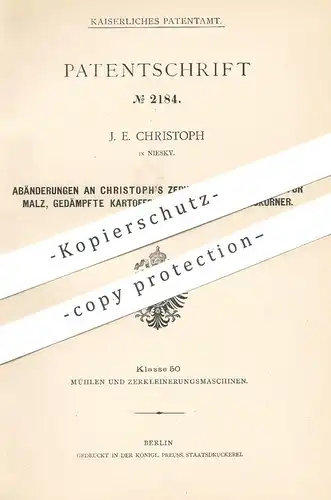 original Patent - J. E. Christoph , Niesky , 1877 , Mühle für Malz , Kartoffeln , Getreide | Mühlen | Henze !!